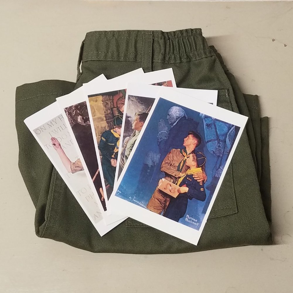 Boy Scout 90's Official Uniform Green Shorts with Five Norman Rockwell Postcards